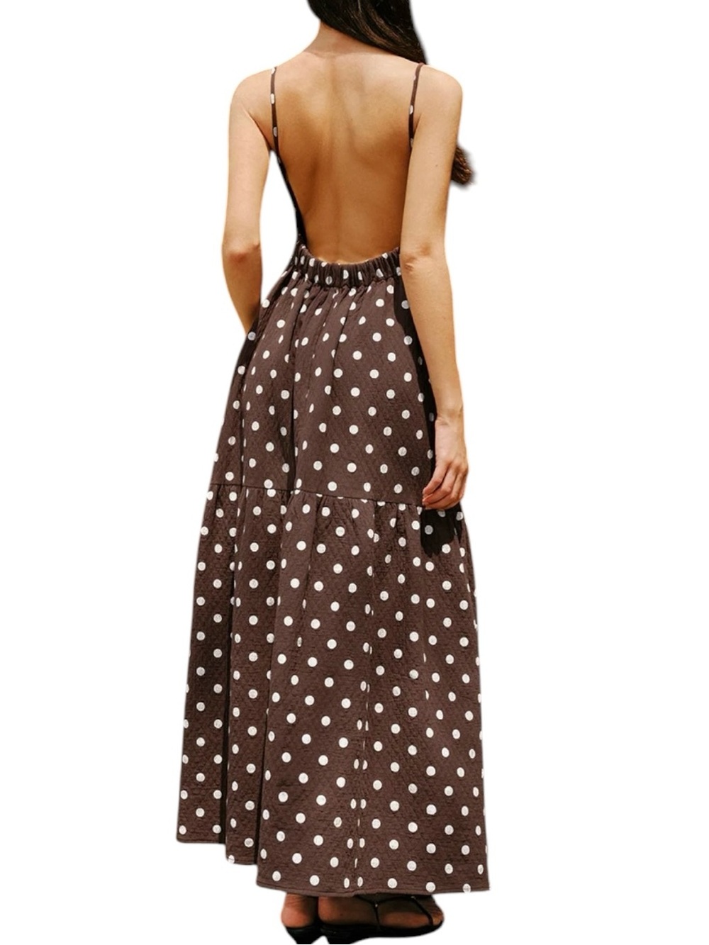 Commense Brown & White Polka Dot Backless Maxi Dress XS NWT Cotton Open Back